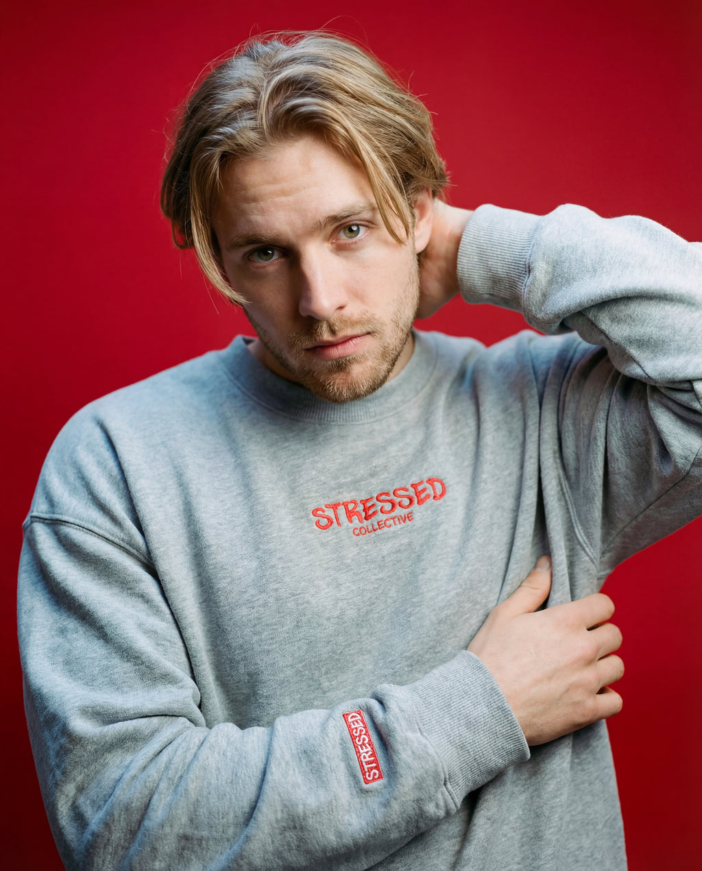 Embroided Red Heather Crew Neck